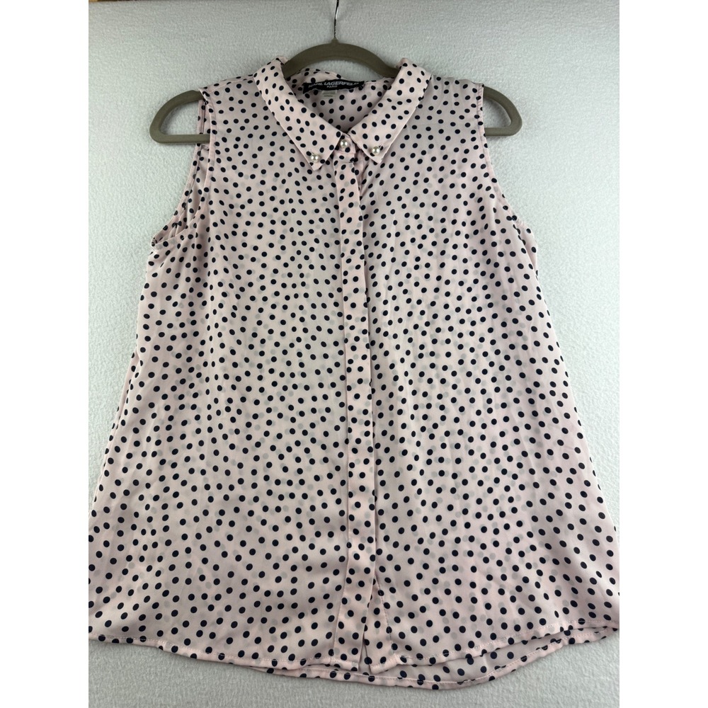 Karl Lagerfeld Paris Pink Polka Dot Sleeveless‎ Pearl Collar Blouse Mens Size M